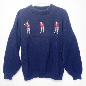 Warren Scott Vintage Golf Swing Embroidered Cotton Crewneck Sweater Navy Blue XL